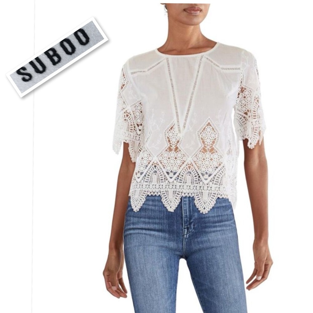 SUB00 Australia 100% Cotton Lace Butterfly Sleeve Top Blouse Size L - Picture 2 of 11